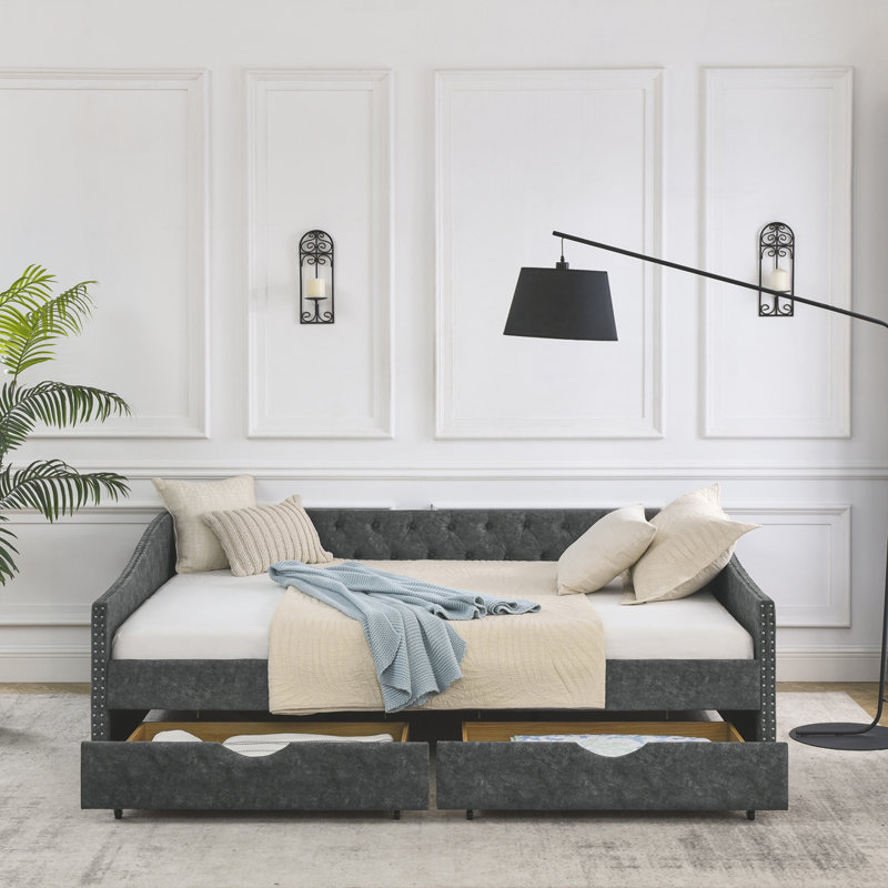 Daybed with Drawers Upholstered Tufted Sofa Bed, with Button on Back and Copper Nail on Waved Shape Arms, Grey Polyester
