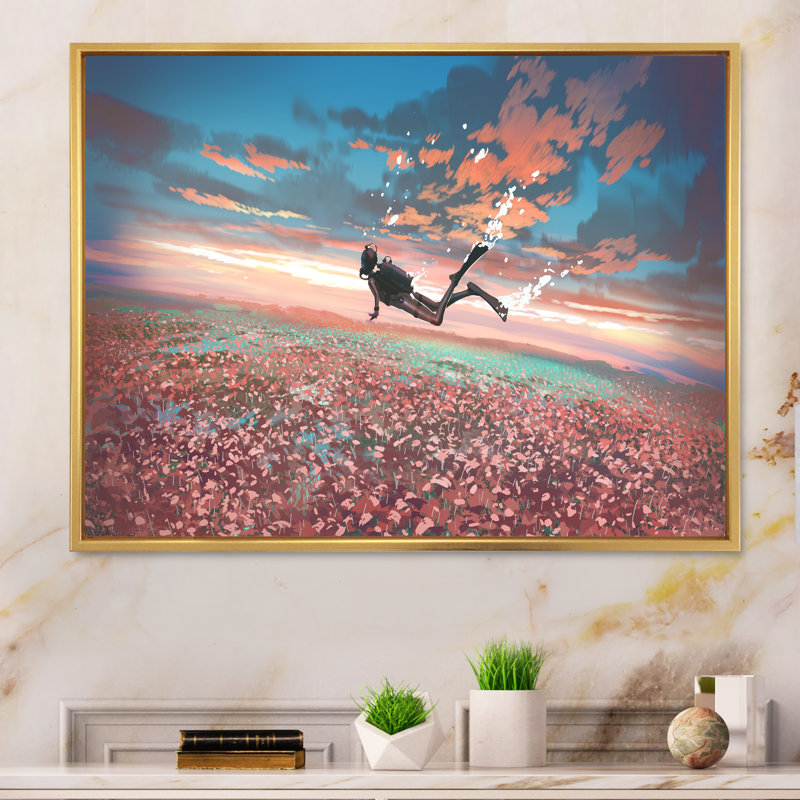 Jeu vidéo surréel scène plongeur flottant - peinture sur toile, H 24 po x l 36 po x P 1 po, Cadre flottant doré