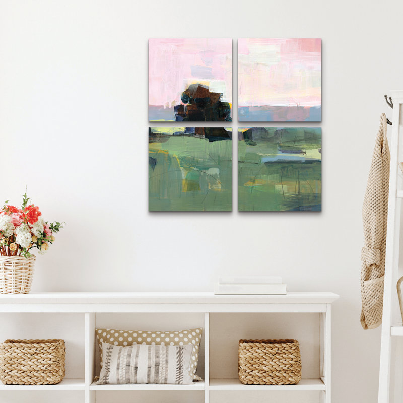 Ensemble de 4 panneaux muraux - Art mural sur toile 1 ciel rose au-dessus de Stratham Field par Kathleen Robbins pour décoration de salon, de chambre à coucher ou de bureau 