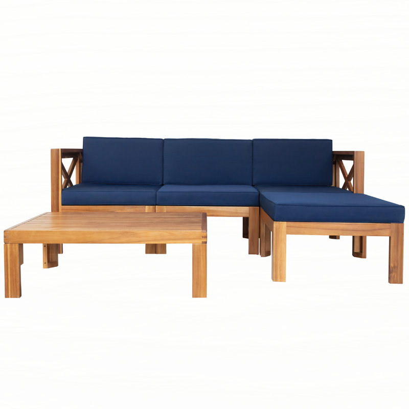 Outdoor Backyard Patio Wood 5-Piece Sectional Sofa Seating Group Set with Cushions, Blue