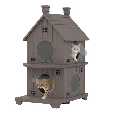 Maison de chat intérieure à 2 étages résistante aux intempéries avec plancher surélevé et bouches d'aération