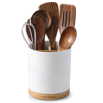 3 Compartment Utensil Holder, Extra Large Utensil Crock, Stable Ceramic Utensil Organizer, Cooking Tool Organizer Set , Textured White