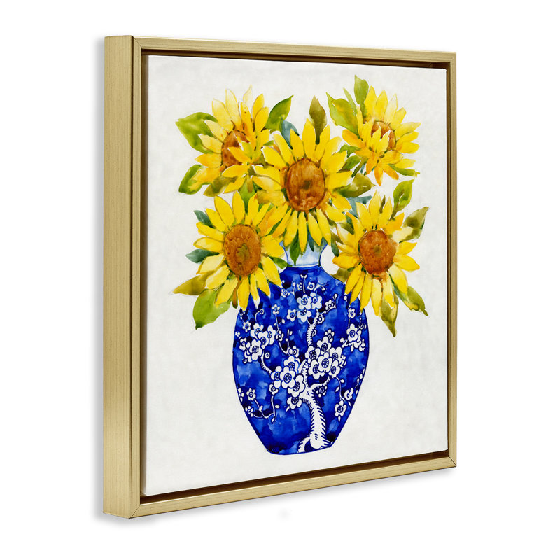 «Watercolor Sunflower Bouquet Floater», art mural sur toile par Tim Ottoole, Cadre flottant métallique doré