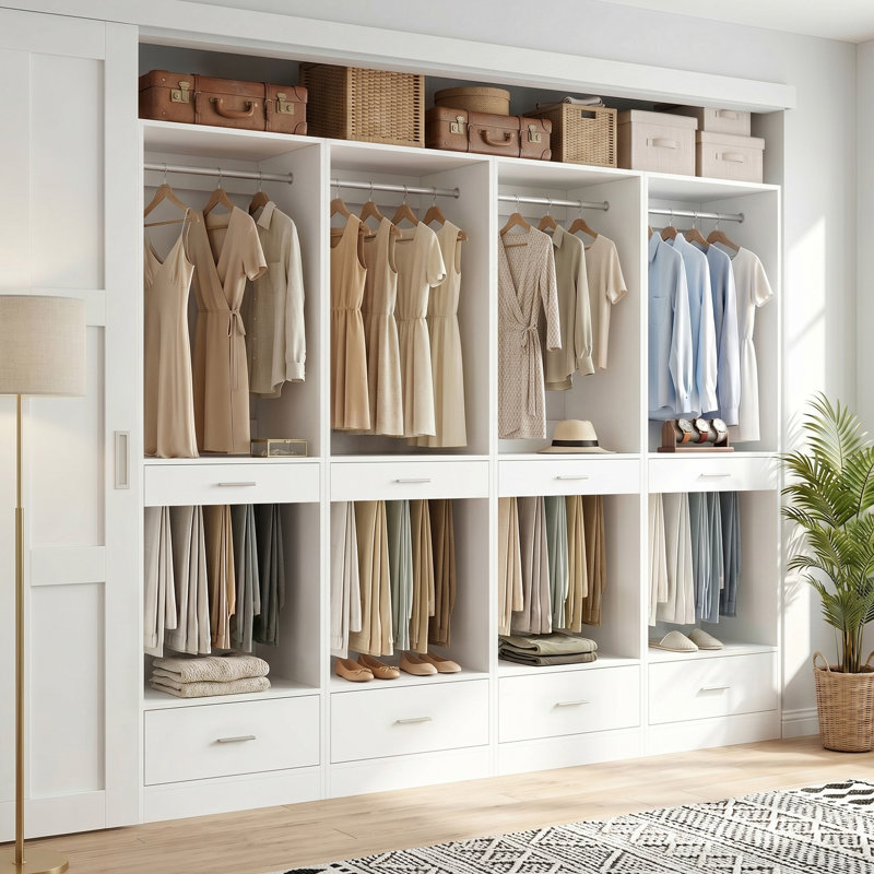 94.4“ Closet System Organizer With Hanging Area, Pants Rack & Drawer, White