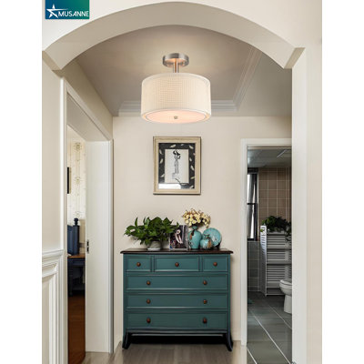 Plafonnier encastré 3 lumières, finition nickel brossé, abat-jour en lin blanc, base E26, intensité variable, éclairage domestique minimaliste