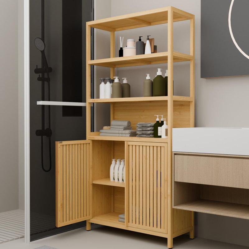 Étagère de rangement grande capacité à double porte de 64 pouces de hauteur pour serviettes et autres articles, couleur naturelle, avec 2 tablettes ouvertes