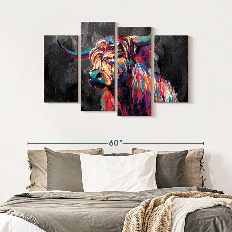 «Highland Cow» par Jude A, ensemble de 4 abstraits sur toile, H 32 po x l 52 po x P 1,25 po