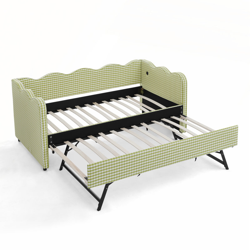 Twin Size Linen Fabric Cozy Gingham Daybed with Trundle and USB Port, Green