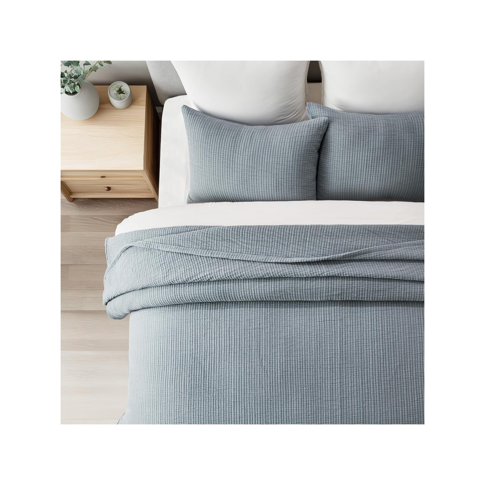 Solid Cotton Gauze Pick-stitch Matelesse Coverlet Bedspread set, King Quilt + 2 King Shams, Dusty Blue