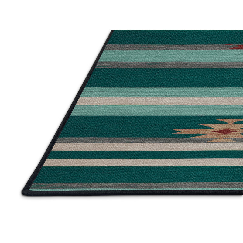 Washable Emerald Light Gray Striped Area Rug, Rectangle 7' x 9'