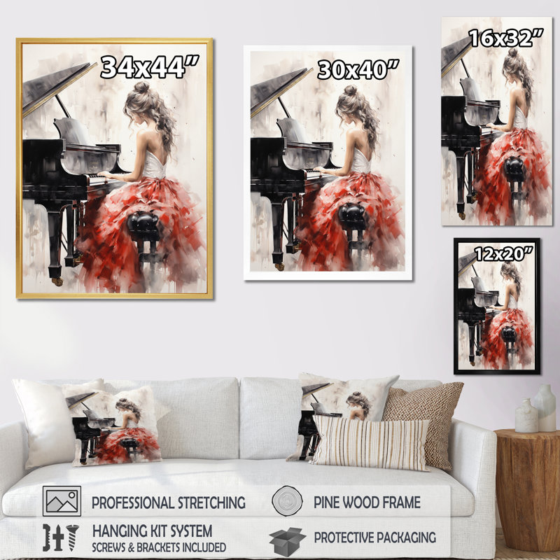 Yannis Beige Red Music Piano Harmony I - musique, impressions sur toile, H 44 po x l 34 po, Impression encadrée, Noir