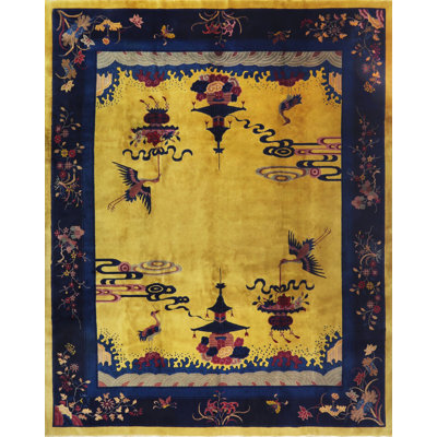 Antique Chinese - Art Deco Yellow Room Size 1920s Rectangle Wool Knotted Rug