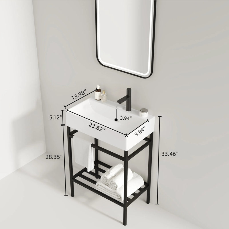 Meuble-lavabo autoportant Lofi de 24 po avec lavabo rectangulaire en céramique blanc brillant, pieds en métal ouverts, tablettes de rangement, finition noire, robinet non inclus