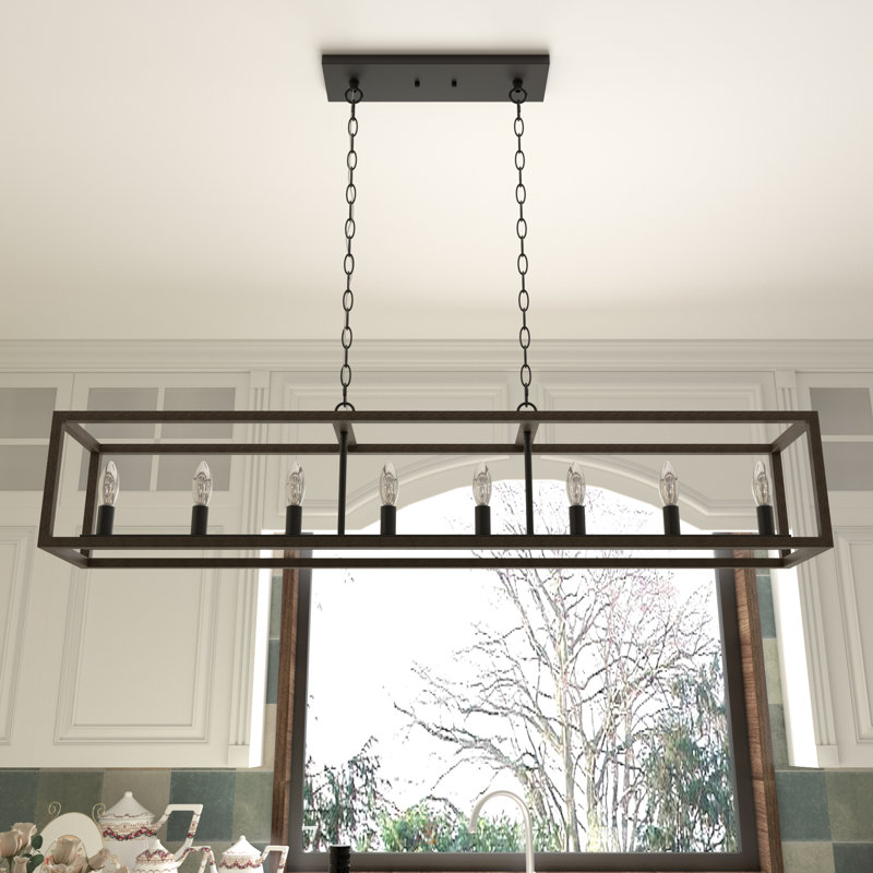 Perea 8 - Light Kitchen Island Steel Rectangle Dimmable Pendant, Walnut