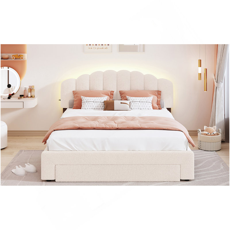 Lit plateforme tapissier avec tiroir Teddy