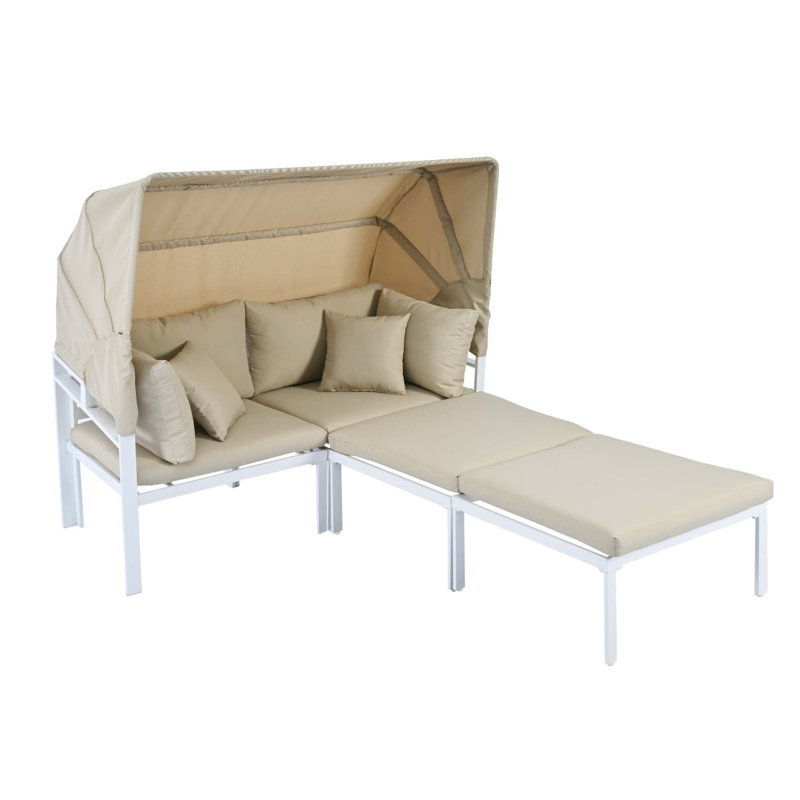 Lit de jour d'extérieur rectangulaire avec coussins Travonda, Beige, Blanc