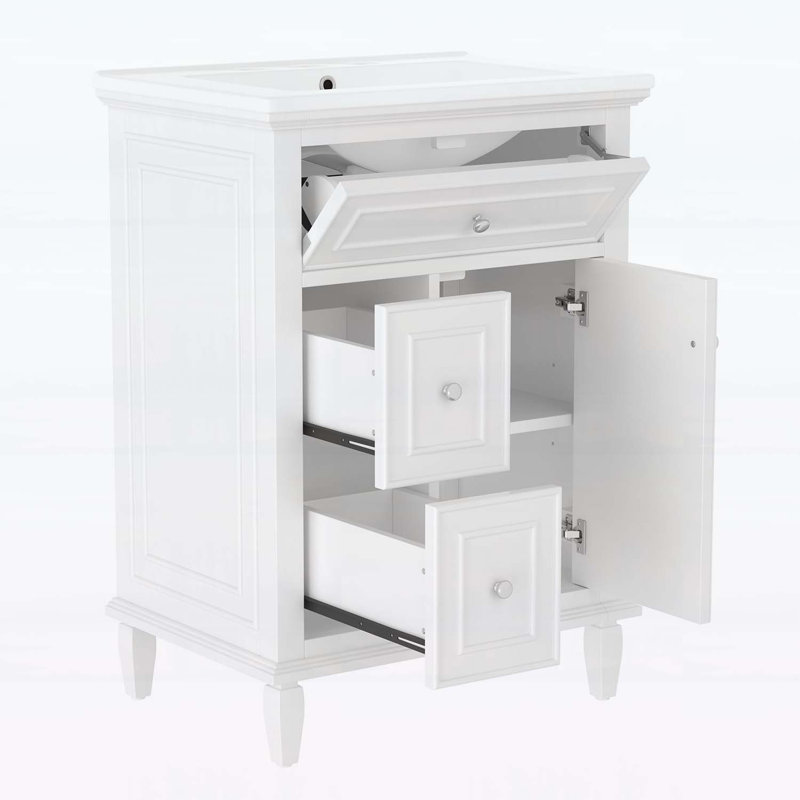 Meuble-lavabo 24 po avec lavabo, tiroir rabattable, deux tiroirs, tablette réglable, Blanc