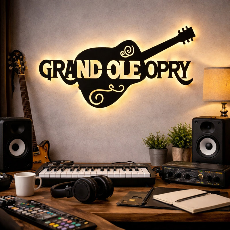 Panneau mural en métal rétro-éclairé à DEL avec guitare Grand Ole Opry - 36 po