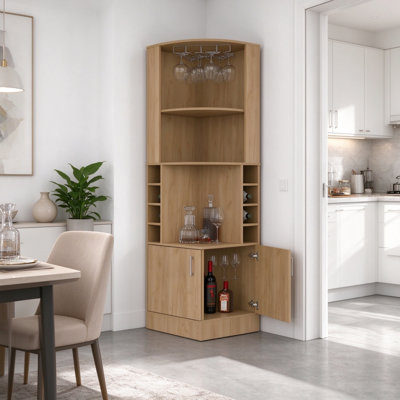 Armoire de bar en chêne naturel avec rangement pour bouteilles de vin et porte-verres, armoire à boissons sur pieds avec tablettes ouvertes et rangement fermé pour le salon et la salle à manger