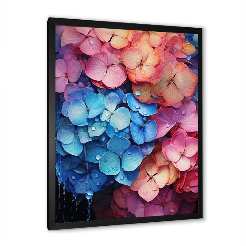 Hydrangées bleues et roses - Pétales surréels, Cadre photo noir, H 20 po x l 12 po x P 1 po