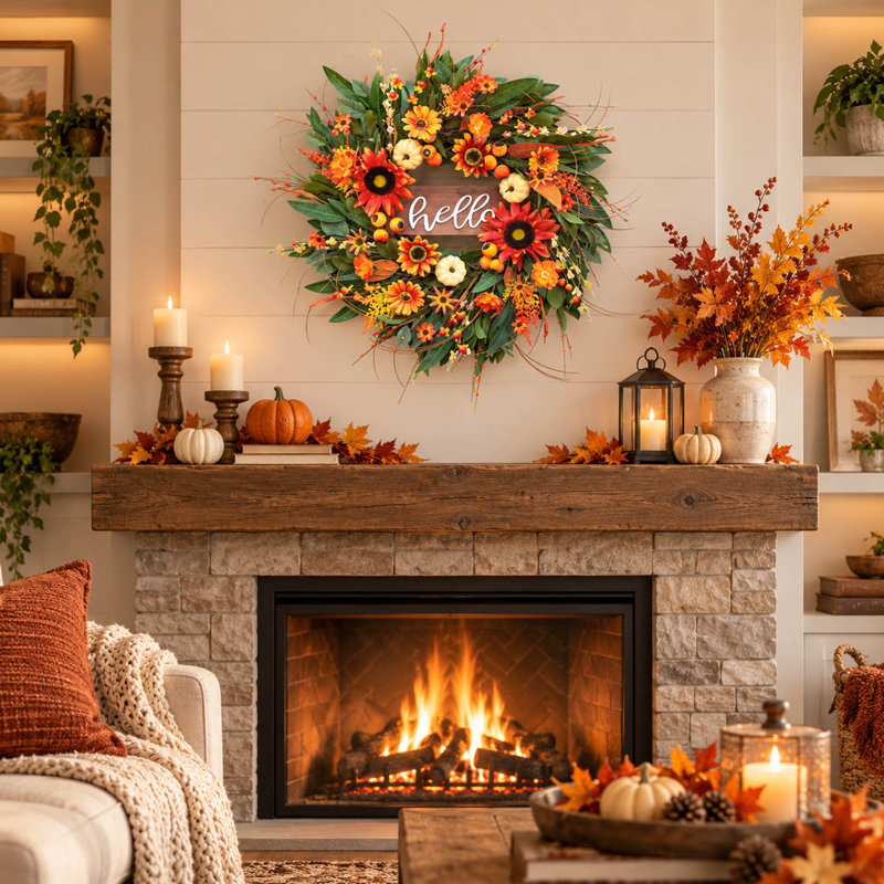 Couronne d'eucalyptus d'automne 26 po avec baies oranges pour décor de porte d'entrée