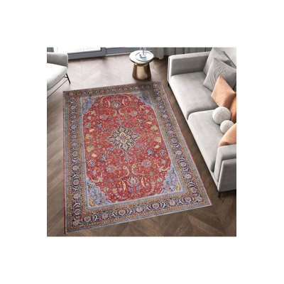 Machine Washable  Red Blue Themed Bohemian Style Traditional Patterned Vintage Decorative Rug