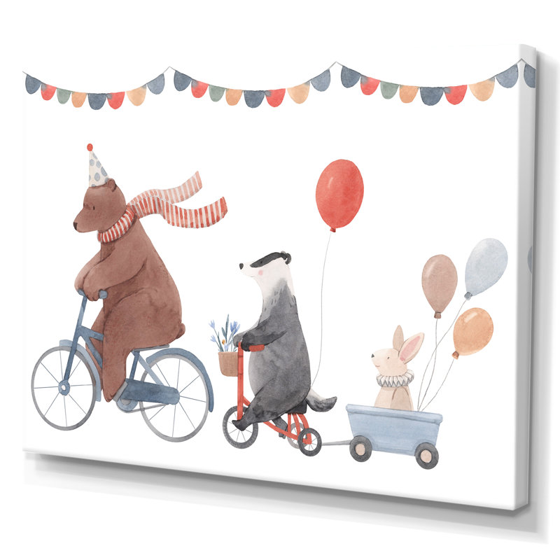 Animaux mignons à bicyclette, H 8 po x l 12 po x P 1 po, Toile tendue