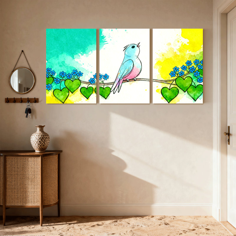 Oiseaux colorés sur une branche avec des cœurs et des fleurs, ensemble de 3 impressions sur toile, H 24 po x l 48 po