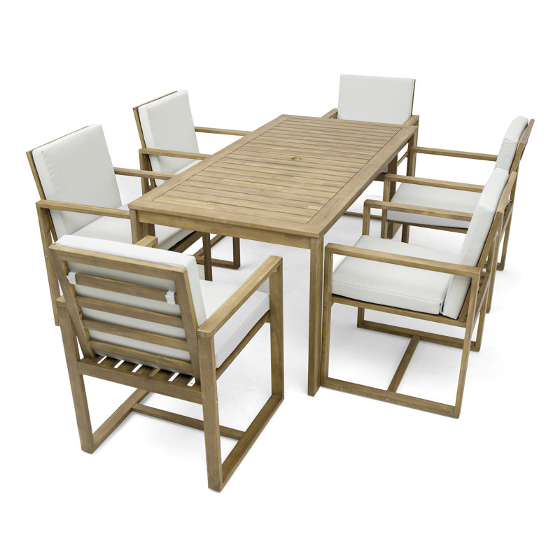 Ensemble repas 7 pièces en bois d'acacia avec coussins amovibles Eastmane, Teck clair