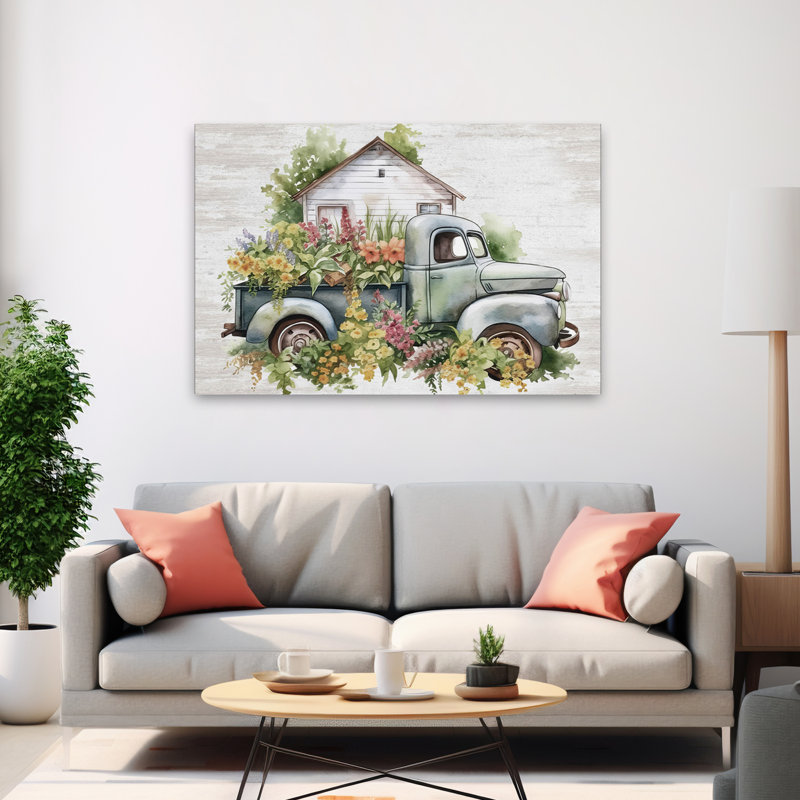 Fleurs et plantes à gogo - campagne moderne rétro camion rétro fleurs maison de campagne, H 40 po x l 60 po