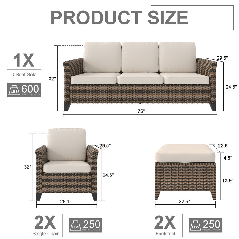 5 Pieces Wicker Outdoor Conversation Set with PE Rattan Sofa, Chairs & Ottomans, Beige