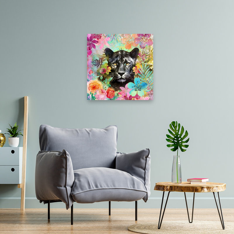 Tropical Panther Blooms Colorful Contemporary Animal Flower Wall Art Print 1 Piece Wrapped Canvas Wall Art