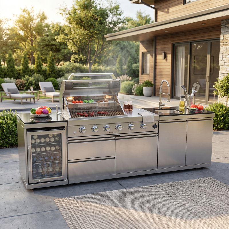 Îlot de cuisine 46 po avec 4 brûleurs 72 000 BTU avec réfrigérateur et rangement, Natural Gas