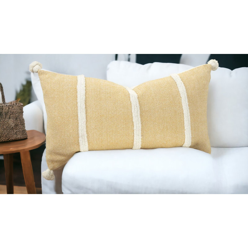 Coussin en coton 14 "x 14" jaune et blanc avec bords à pampilles