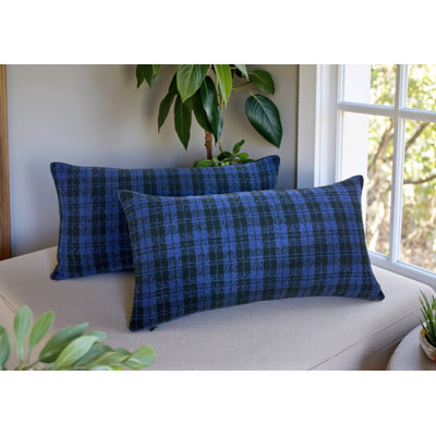 Lot de 2 housses de coussin lombaire décoratives Aiking à carreaux berger en tweed texturé, 35,5 x 61 cm, noir et bleu marine
