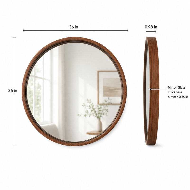 Miroir mural rond de style champêtre avec cadre en aluminium fini grain de bois et miroir trempé, 36" x 36"