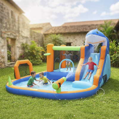 8 in 1 Inflatable Bounce House for Kids, Sharks Theme Inflatable Water Slide with Pool, Climbing Wall, Basketball Hoop, Jumping Bouncy Castle with Blower for Indoor Outdoor Backyard Party, Blue