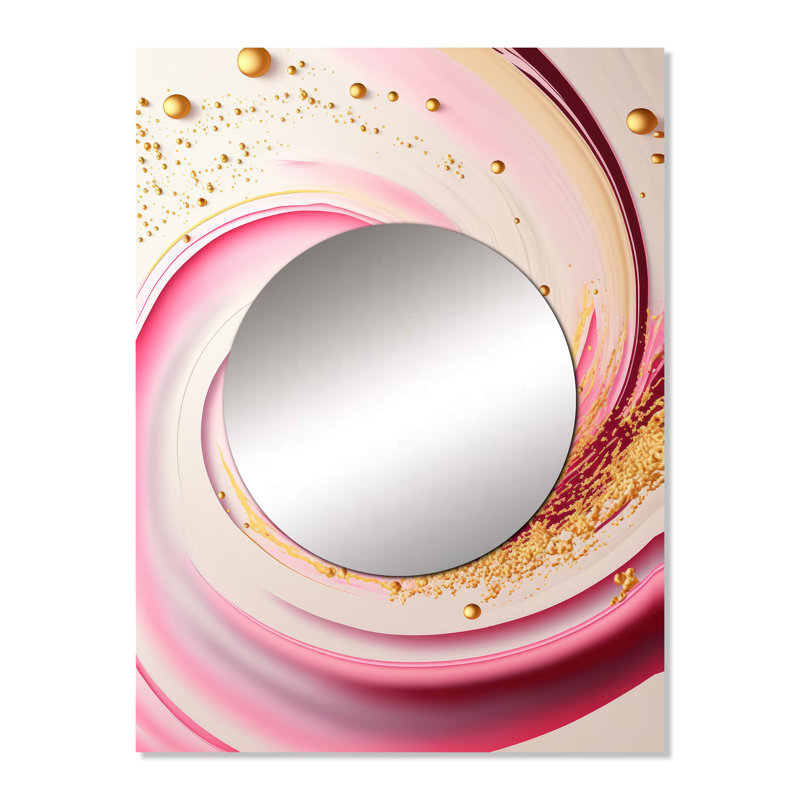 Jaxxson, cercles abstraits roses et dorés I - miroir spirales abstraites uniques, grand miroir mural rose, impression sur métal