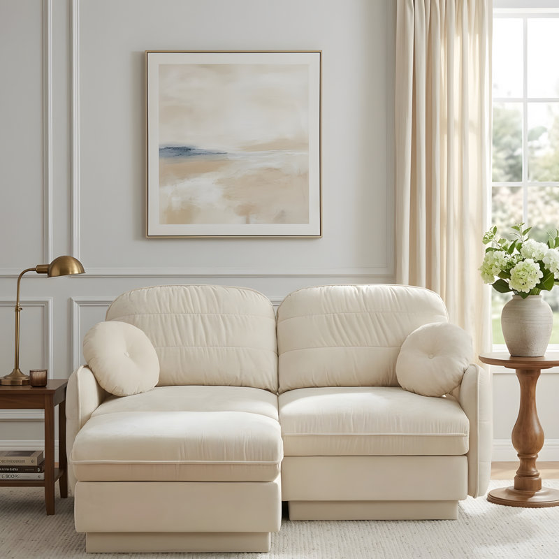 Canapé en L avec assise profonde et repose-pieds amovible, Chenille crème beige, H 37,4 po x l 73,2 po x P 57,8 po