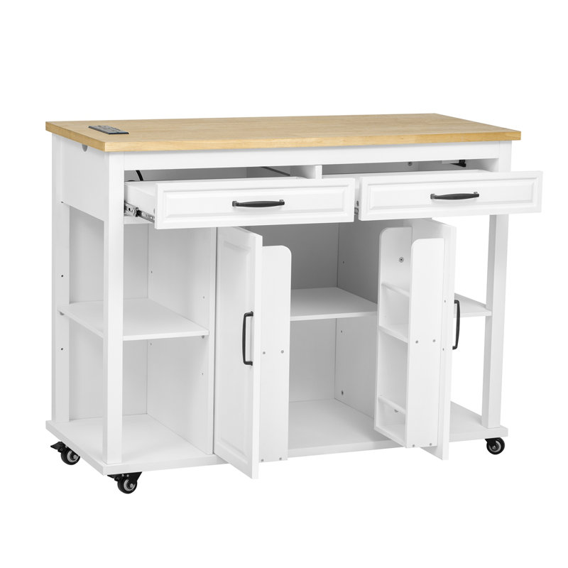 47 inch Kitchen Island with Extendable Dining Table, Rubber Wood Veneer Kitchen Table with Internal Storage Rack, Power Outlet