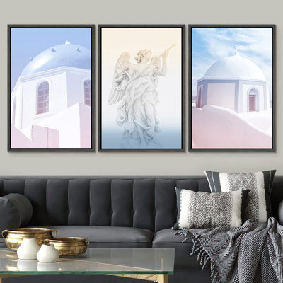 " Pastel Greek Architecture Angel Sculpture Coastal Nautical Photography Modern Art Seascape Relax " 3 - Pieces
