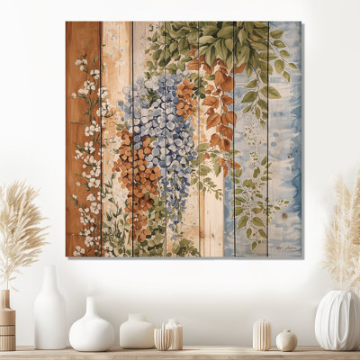 Wildflower Collage Of All Season II - Botanicals Wooden Wall Art On Natural Pine Wood