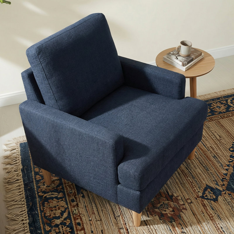 Accent Chair With Solid Wood Legs, Blue Fabric