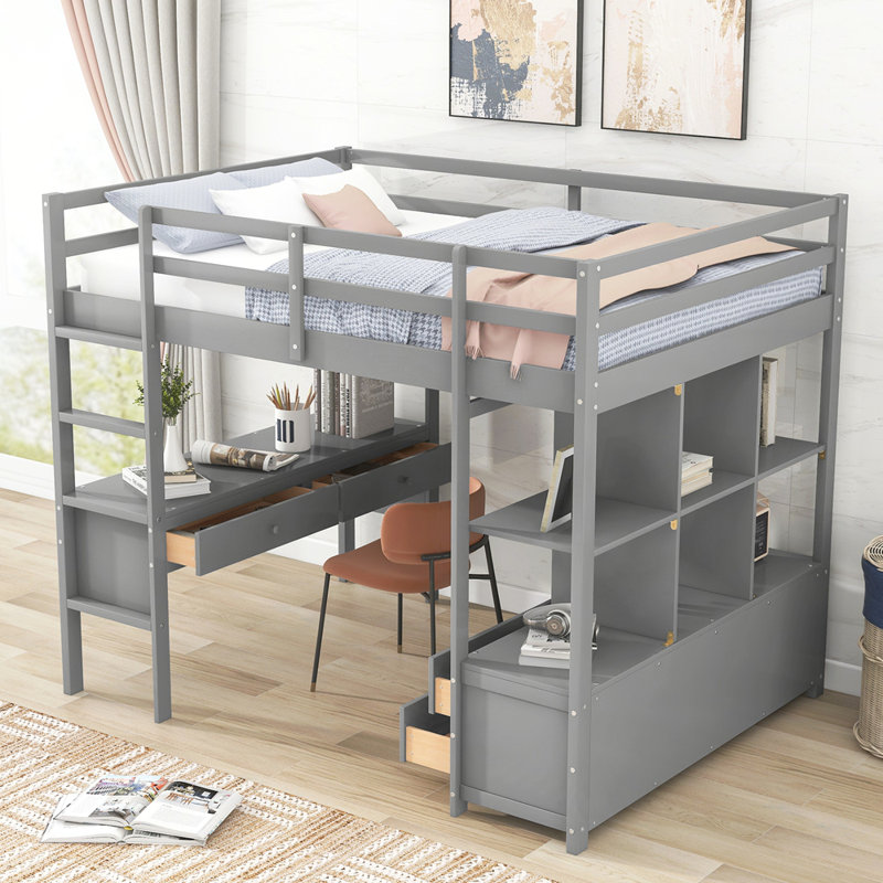 Loft Bed with Built-in Desk with Two Drawers, and Storage Shelves and Drawers, Grey