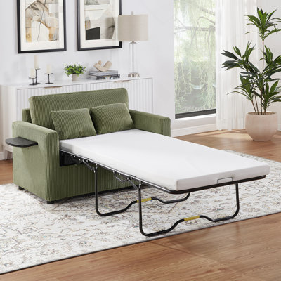 Canapé-lit polyvalent avec matelas pliable, table d'appoint pliable, poche de rangement latérale et ports USB, idéal pour les espaces de vie compacts