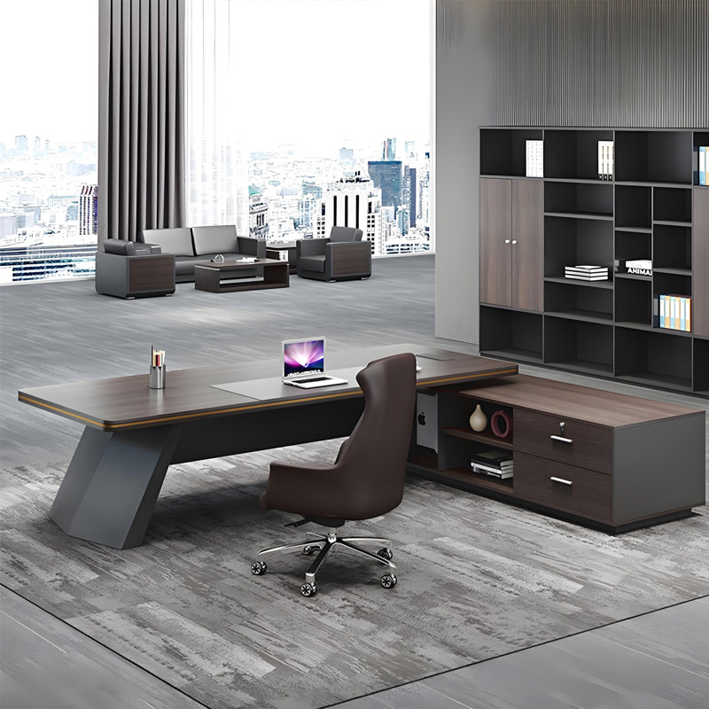 Bureau double 70,87 "en L brun et gris avec armoire latérale et serrure à combinaison, H 29,92 po x l 70,87 po x P 62,99 po