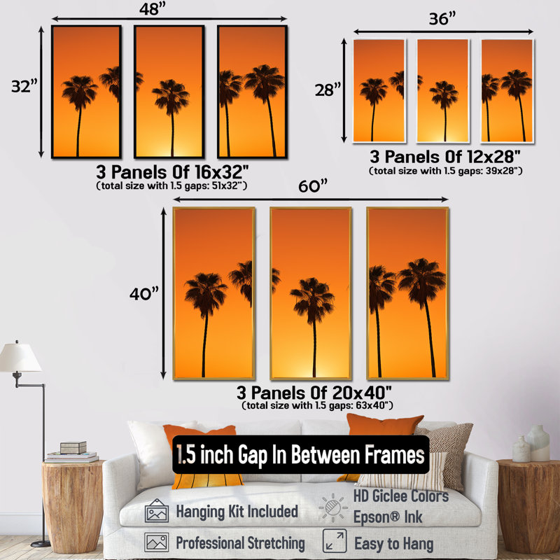 Golden Sunrise Palm Trees - Palmiers et palmiers, ensemble de reproduction d'art mural, Cadre naturel flottant