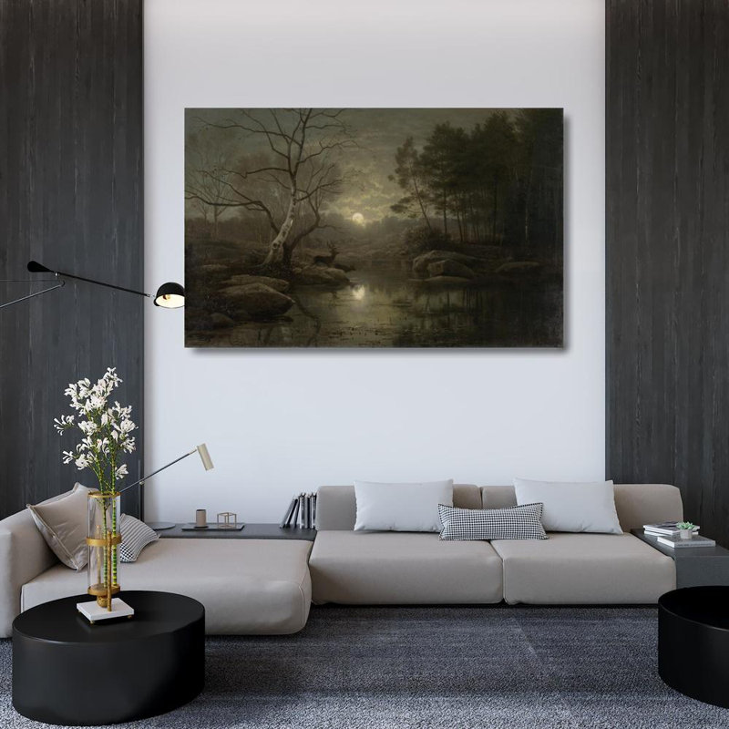 «Forest Landscape in the Moonlight» par Georg Eduard Otto Saal, reproduction d'art sur toile tendue avec châssis