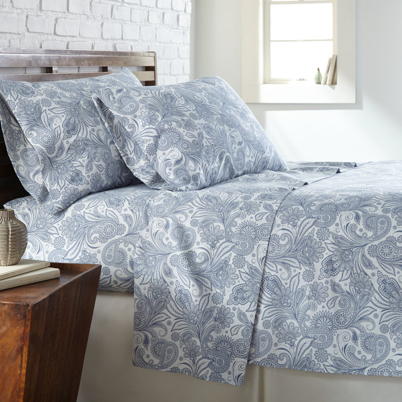 Ensemble de draps South Melody Linens Pure, Très grand, Blanc / bleu, Paisley