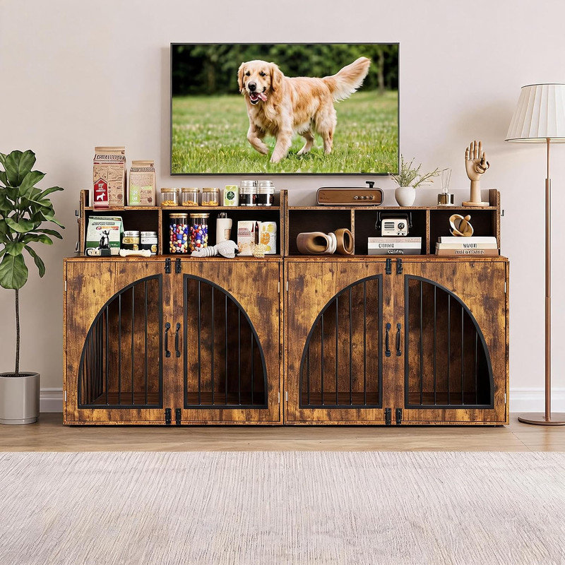 Cage pour chien de 119 cm (47 pouces) avec tablette de rangement ouverte et deux crochets latéraux, structure robuste en fer et bois, table d'appoint pour grands chiens